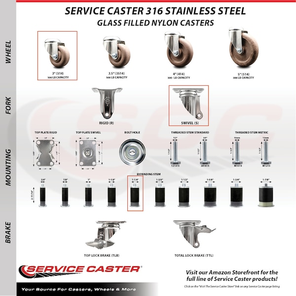Service Caster 3 Inch 316SS High Temp Glass Filled Nylon 1-1/4 Inch Stem Caster Lck Brake, 2PK SS316TTLEX20S314-GFNSHT-2-S-2-114 - main